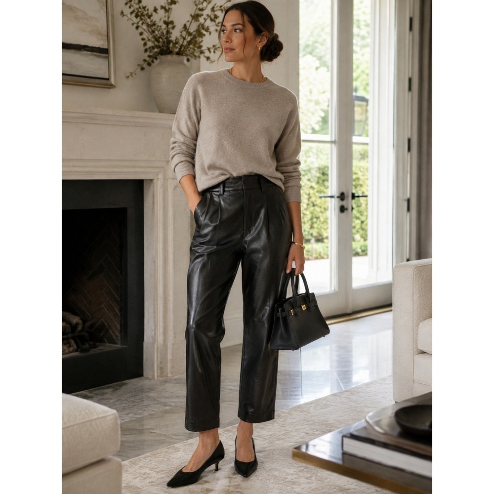 A New Day Black Faux Leather Pleated Straight Leg Pants Size 6 High Rise Edgy